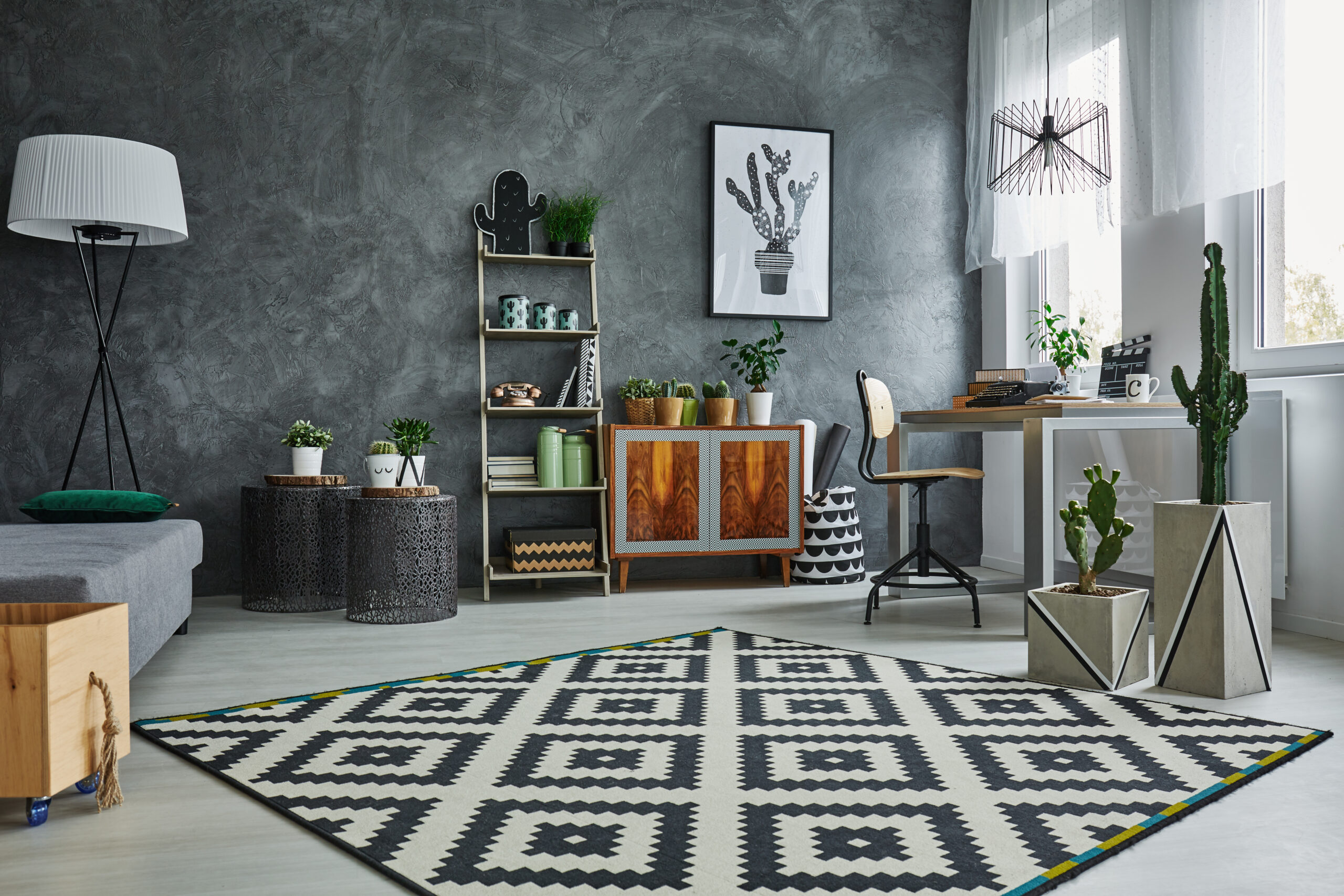 Grey flat with black and white pattern carpet