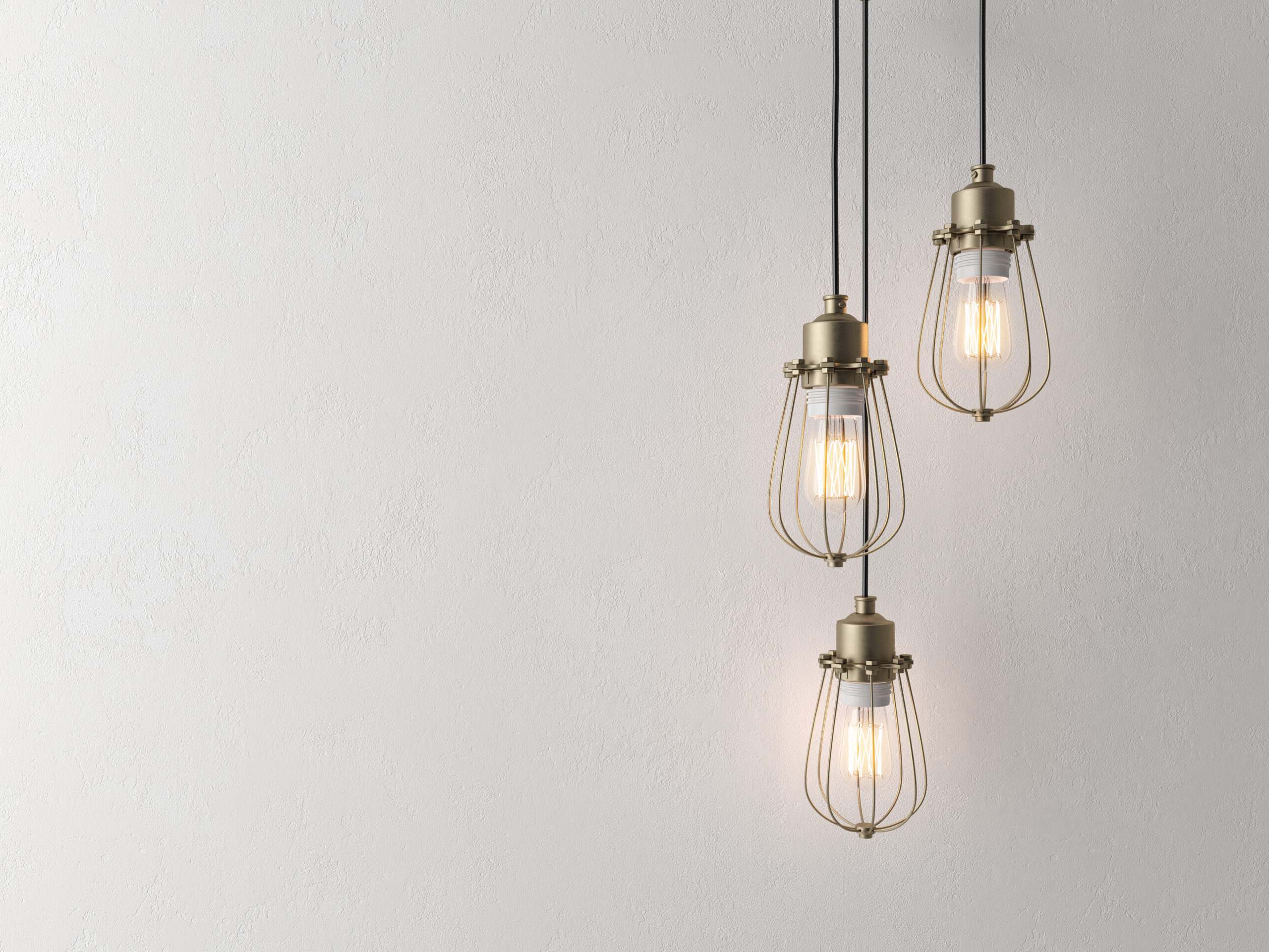 Three vintage lamps hanging from the ceiling with wall 3 D renderind