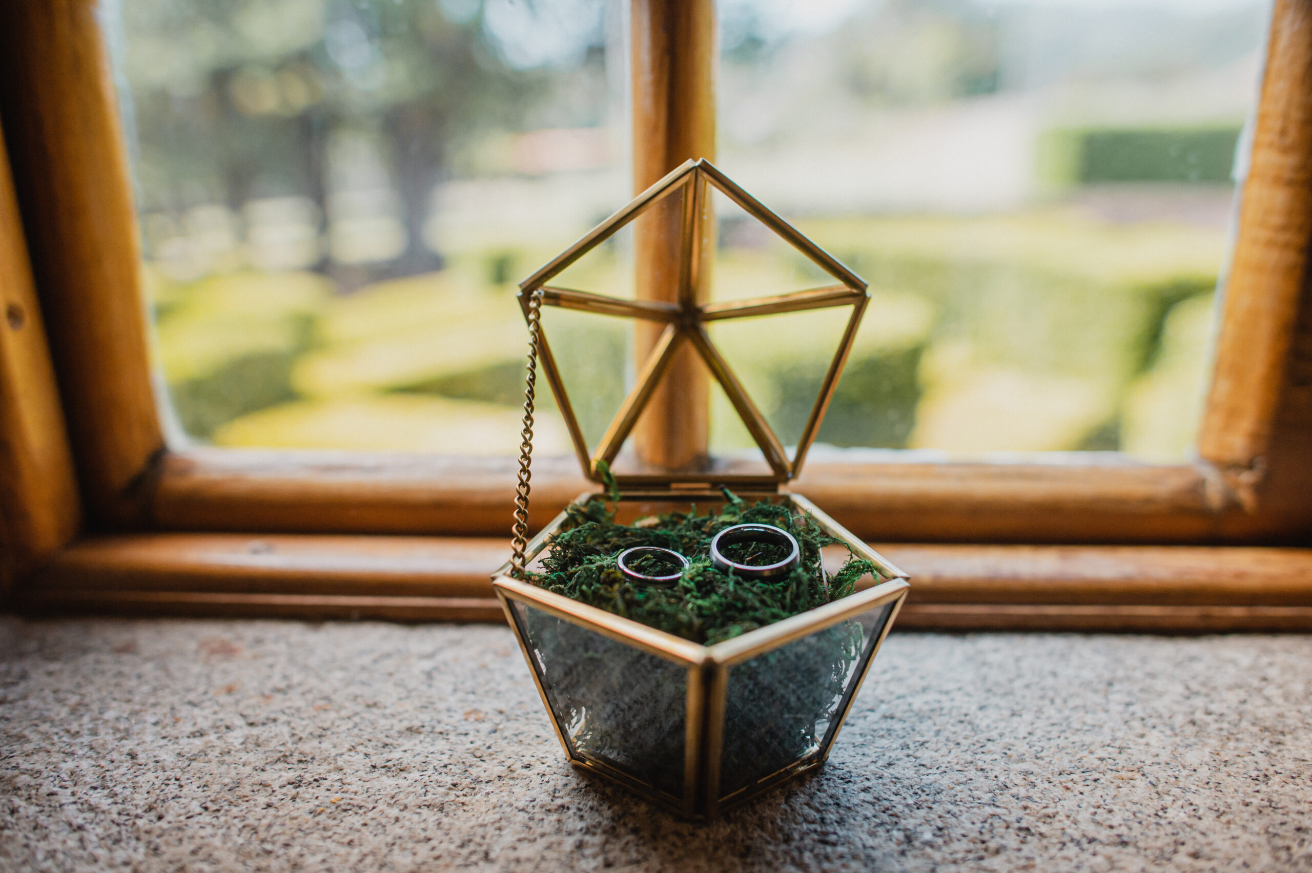 Wedding rings on a golden box with glass and moss